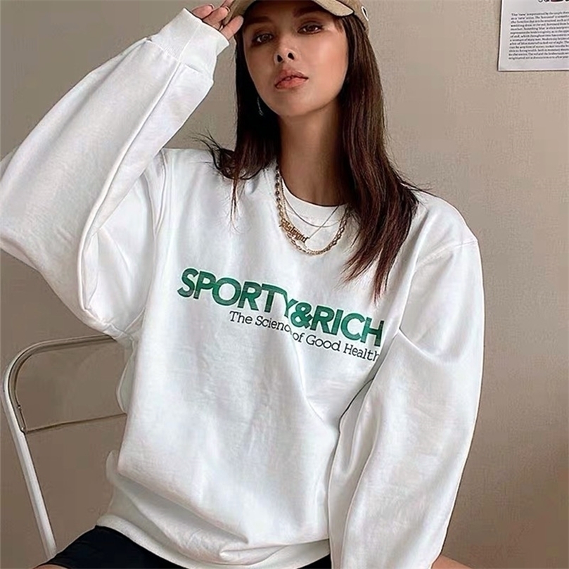 

Womens Hoodies Sweatshirts Autumn American Vintage Sporty Rich Letters Print White Pullover Round Neck Cotton Loose Sport Couples Clothes 221010, Grey