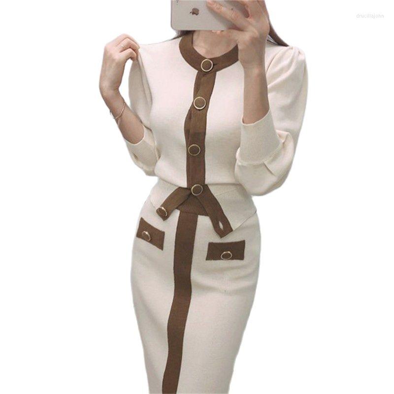 

Work Dresses 2022 Autumn Korean Knitted Color-blocked Two Piece Sets Women Long Sleeve Cardigan Elastic Waist Skirt Suits Outfits, Black