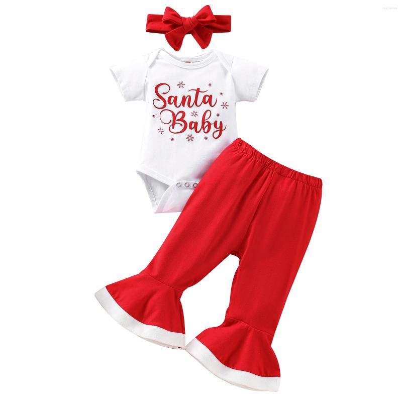 

Clothing Sets 3Pcs Christmas Baby Girls Romper Outfit Letter Printing Short Sleeve Round Collar Jumpsuit Bell-bottomed Pants Headwear, Picture shown