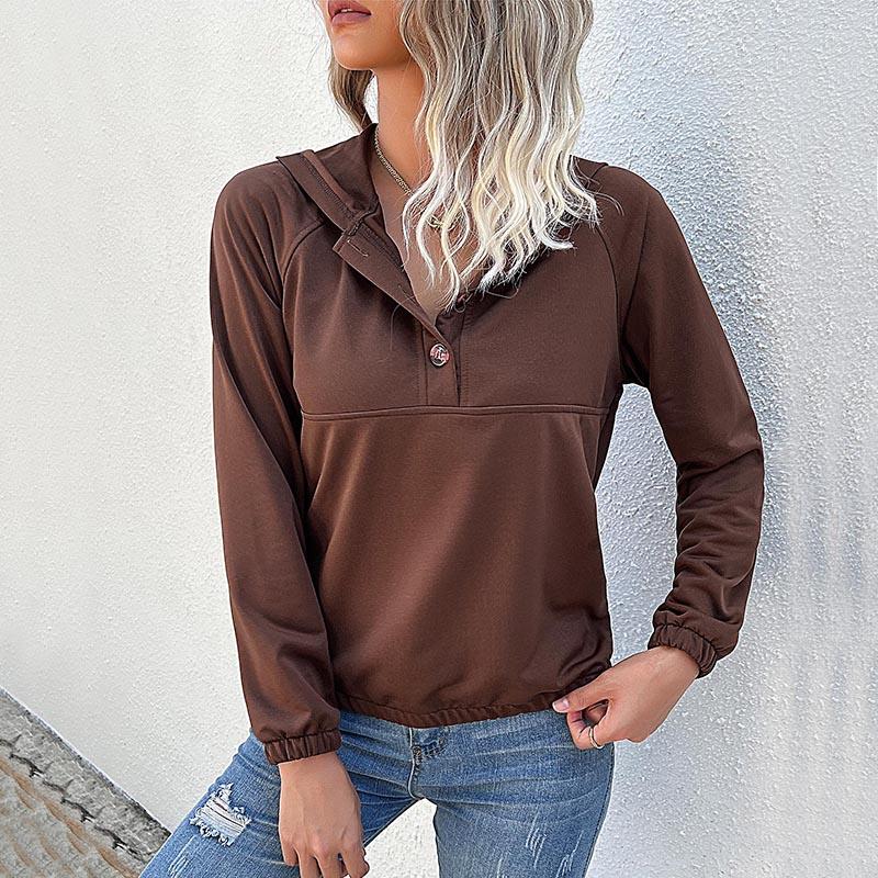 

Women' T Shirts Autumn Spring Hoodies Tops Ladies Solid Color Buttons Long Sleeve Casual Streetwear Hooded Sweatshirts Women /M/L/XL, Auburn