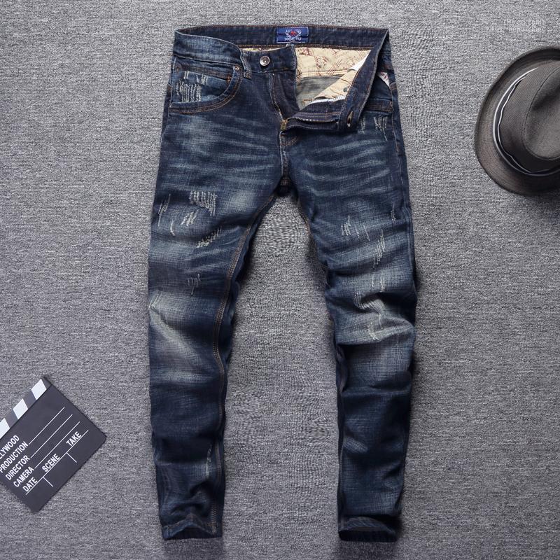 

Men's Jeans Men's Italian Style Fashion Men Retro Dark Blue Slim Fit Ripped Hip Hop Pants Streetwear Vintage Homme