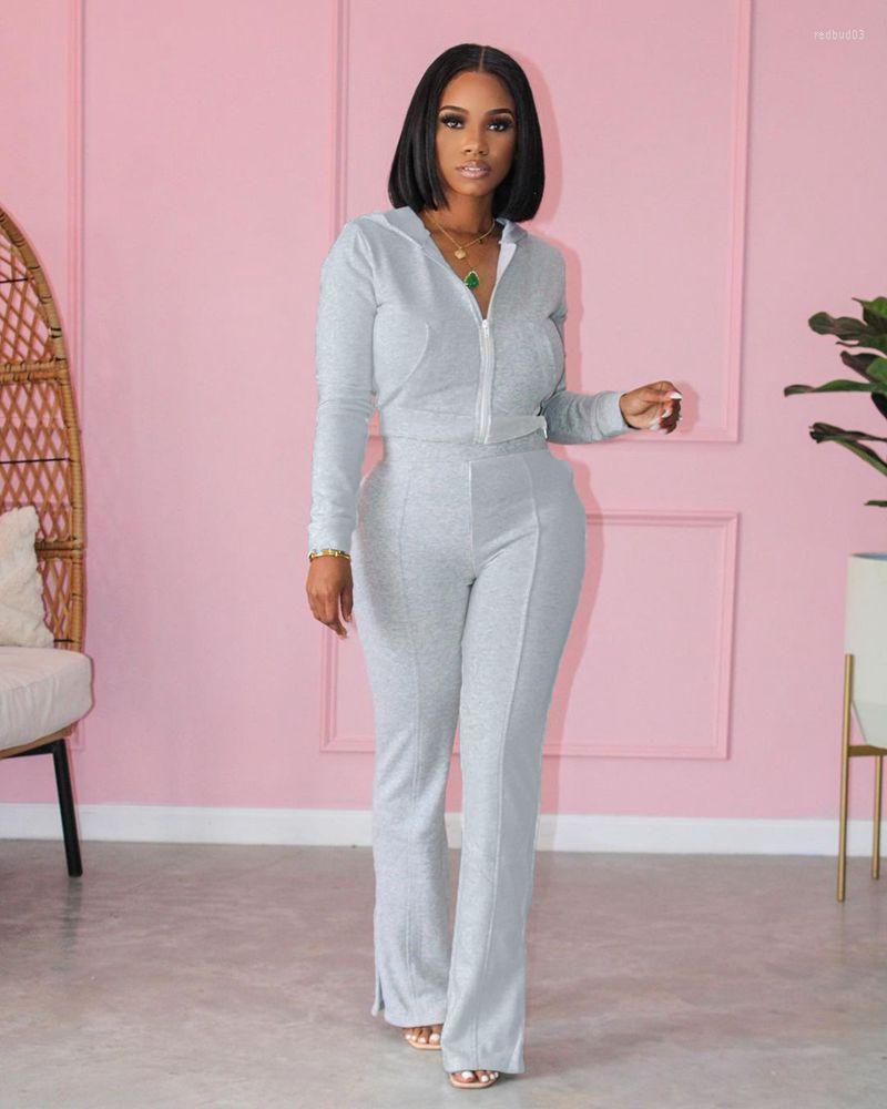 

Women' Two Piece Pants TNNAOFF Trendy Solid Set For Women Long Sleeve Zip Sweatshirt Hoodies Sexy Straight-leg Streetwear Matching Sets, Gray