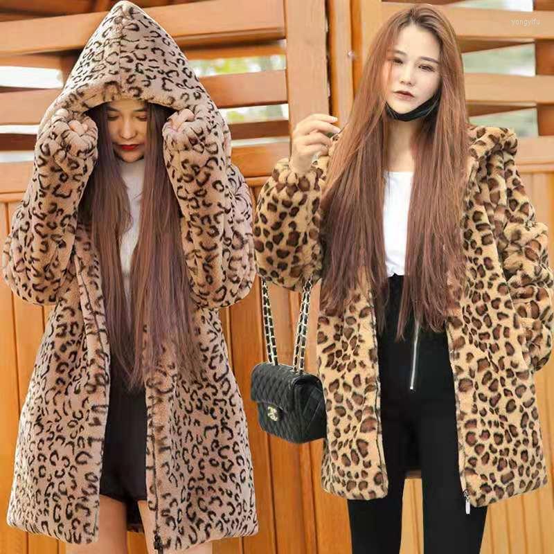 

Women' Fur Autumn And Winter Faux Leopard Print Plush Women' Mid-length Loose Thickened Coat Hooded Imitation Mink
