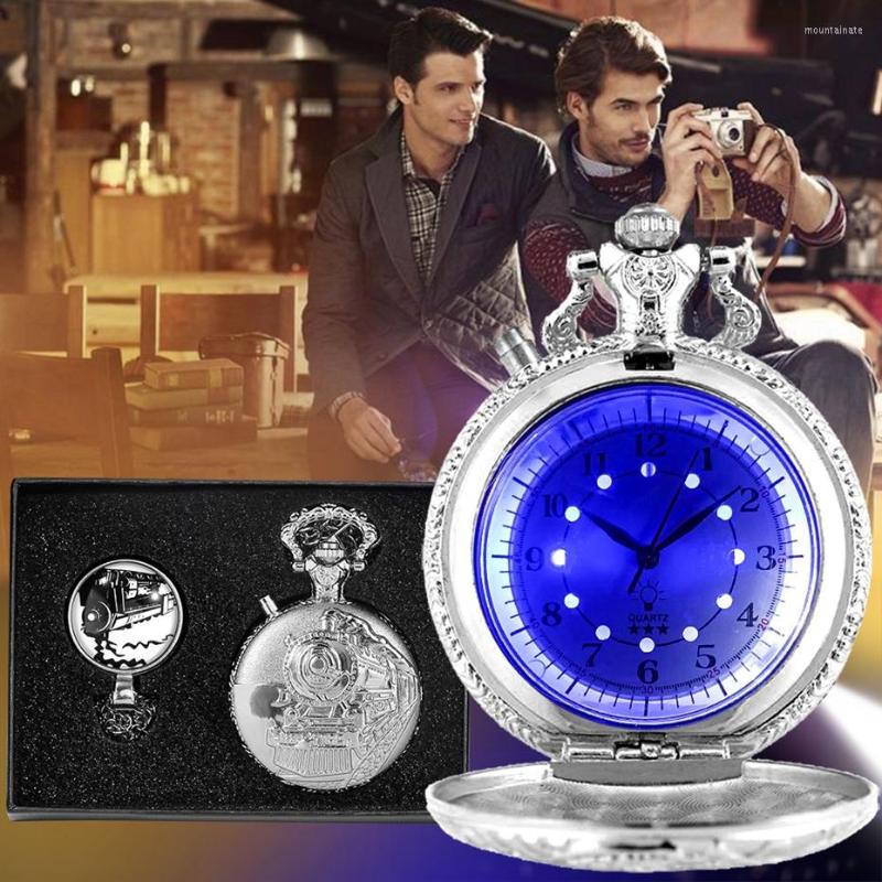 

Pocket Watches 4pcs/set LED Flash Luminous Quartz Watch Chain Fashion Carved Steam Train Steampunk Motor Railway Clock Gifts Set For Men, Silver gifts set