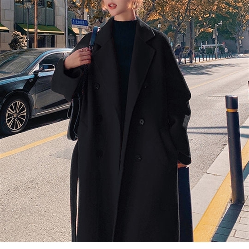 

Women's Wool Blends Autumn and Winter Temperament Midlength Thick Woolen Longsleeved Jacket Trend Red Fashionable Coat 221010, Black