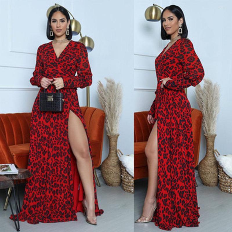 

Casual Dresses Spring Red Leopard Print Women Autumn Fashion V Neck Side Split Long Maxi Dress Plus Size Party For Lady Vestidos