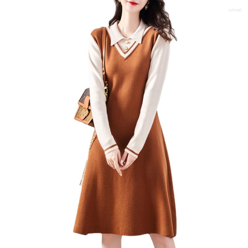 

Casual Dresses Spring Style Lapel Stitching Knitted Dress Female Elegant Temperament Slim Long-sleeved Mid-length Party Women's H125, Black