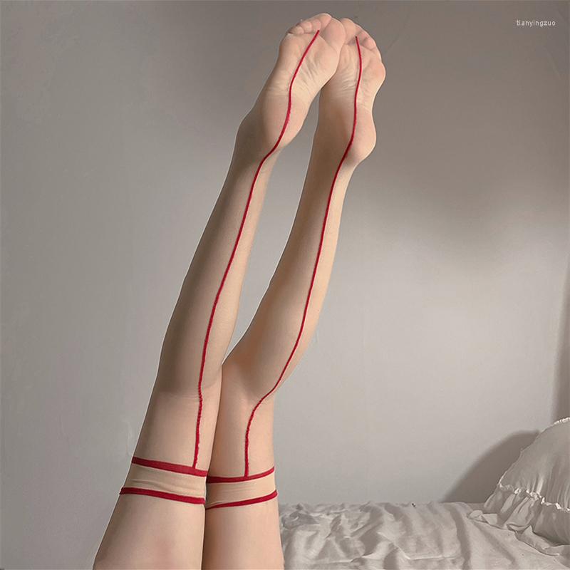 

Women Socks Retro Cuban Heel Back Line Seamed Thigh High Stockings Sexy Rib Cut Top Transparent Medias Cute Lolita Knee, Black