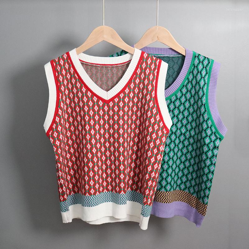 

Women's Sweaters Vintage Argyle Sweater Vest Women 2022 Spring Sleeveless Loose Knitted Waistcoat Gilet Femme, Green