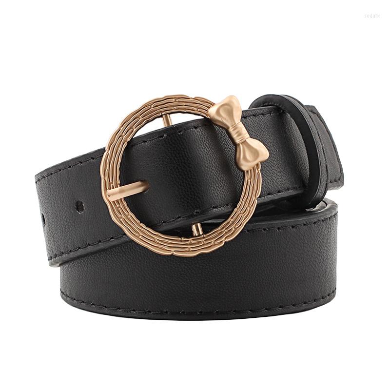 

Belts Women PU Leather Belt Alloy Round Pin Buckle Waist Fashion Designer Brand Strap Waistband For Female Trouser Dress, Black