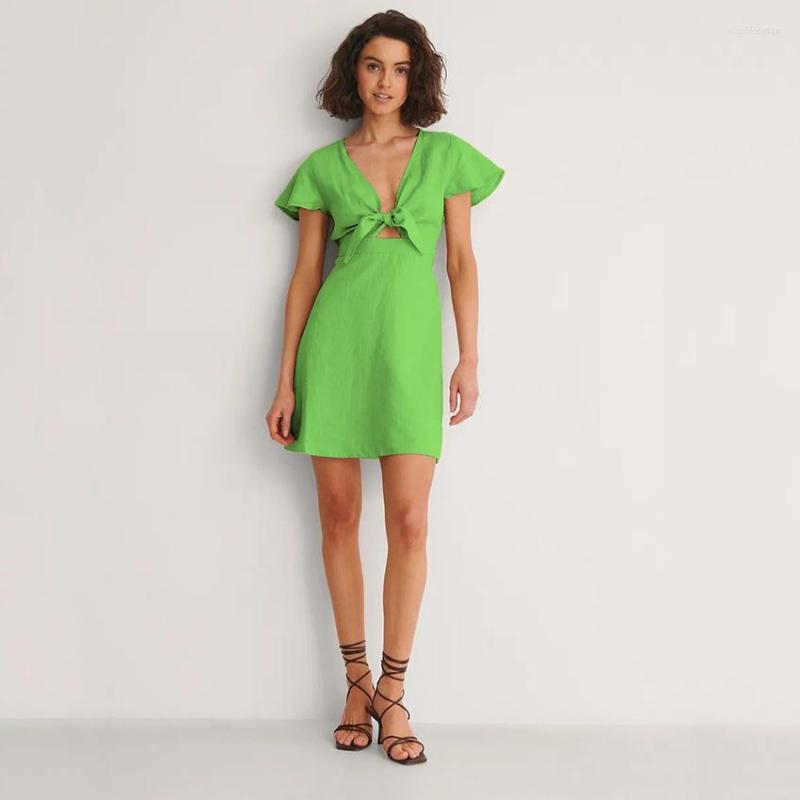 

Party Dresses NSMW MI Mini High Waist Robe Cotton Elegant Bow Flying Sleeve Pencil Dress Femme Summer V-Neck Women Hollow Out