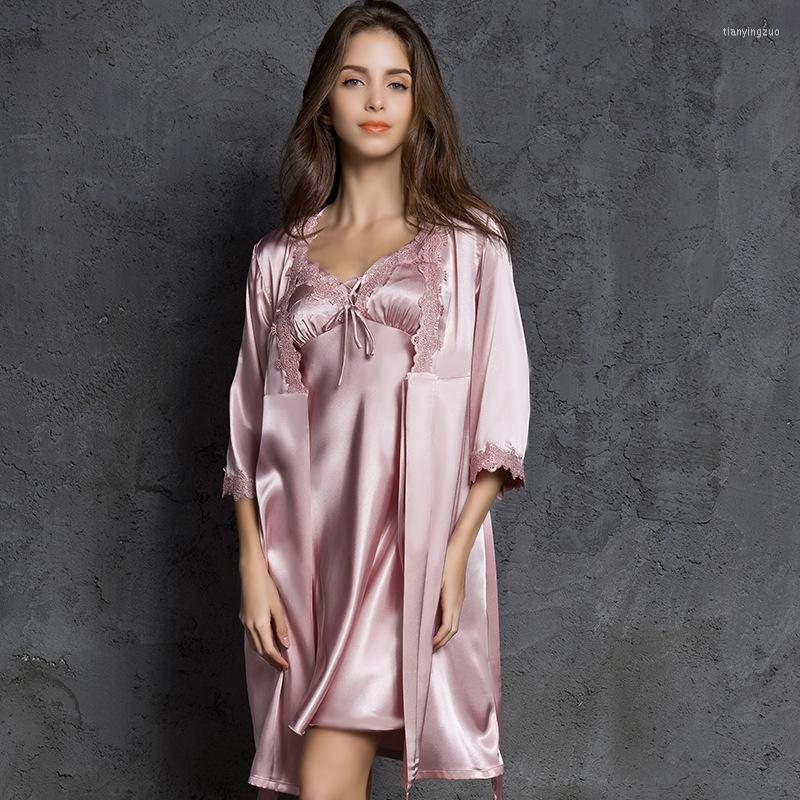 

Women's Sleepwear 192 Two-piece Robe Nightdress Sets Stain Pajamas Women Set Sling Pijamas Sexy Silk Robes For Sleep Wear, Lavender