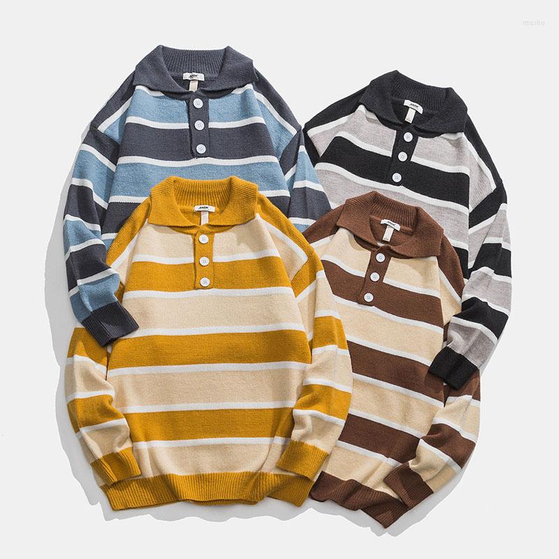 

Men's Sweaters Men Japan Streetwear Vintage Fashion Stripe Turn-down Collar Pullover Sweater Sweatshirts Male Knitwear Coat, Black