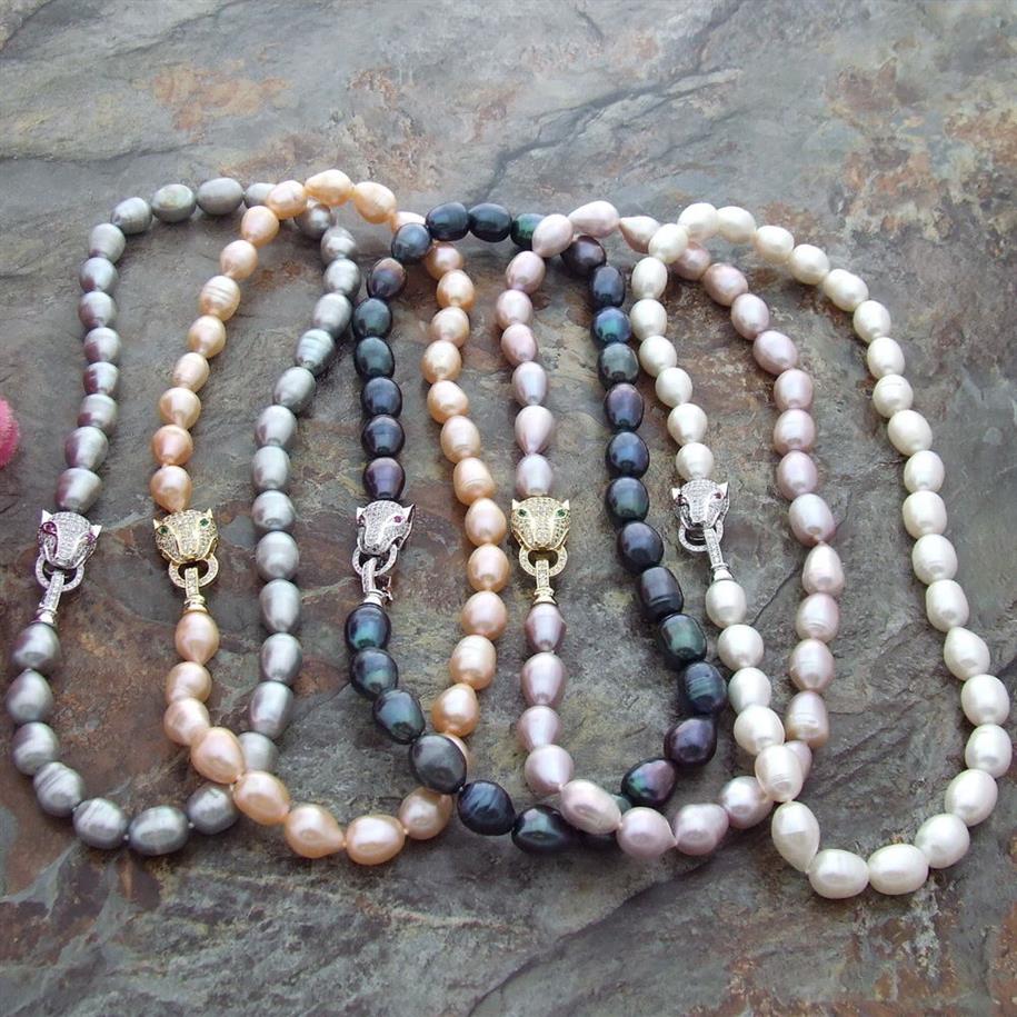 

Hand knotted 10-12mm white black gray pink purple freshwater rice pearl leopard head micro inlay zircon necklace long 43cm255y