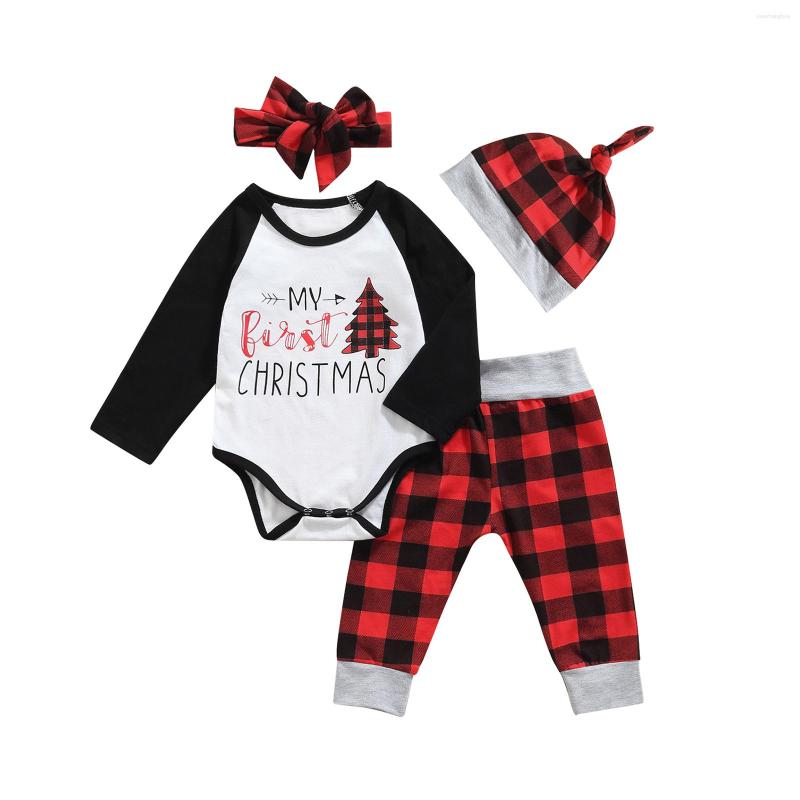 

Clothing Sets 4Pcs Christmas Baby Girls Boys Outfit Tree Letter Printing Long Sleeve Round Collar Romper Plaid Pants Cap Headwear Set, Picture shown