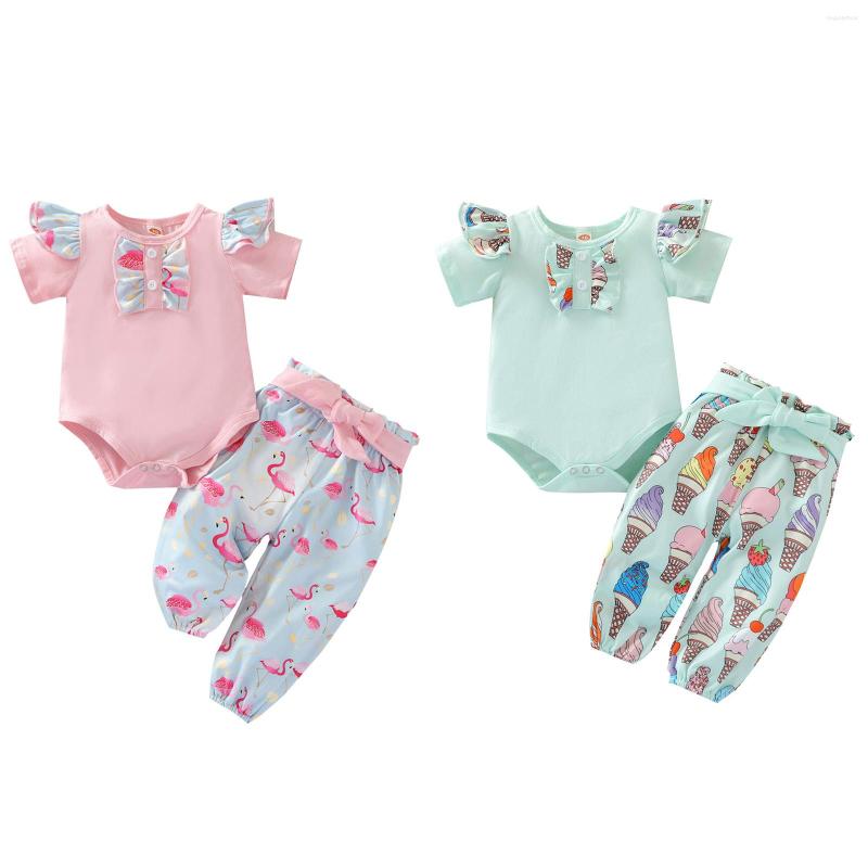

Clothing Sets 3PCS Baby Girls Summer Outfits Short Sleeve Ruffle Romper Belted Pants Headband Set, Pink