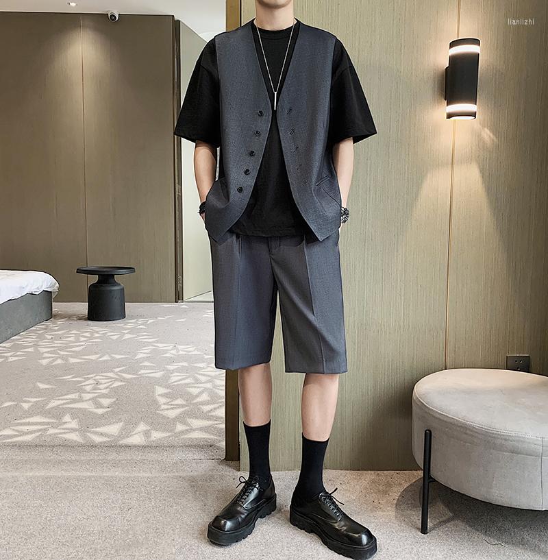 

Men's Vests Vest Men Korean Streetwear Fashion Casual Loose Blazer Male Women Business Dress Sleeveless Suit Coat Waistcoat Man, Gray shorts