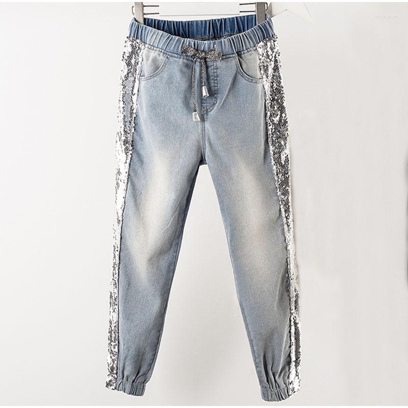 

Women's Jeans Arrivals Spring Length Jogger Plus Size Side Sequins Ankle Lady Light Blue Elastic Waist Capris Jean Denim Pants