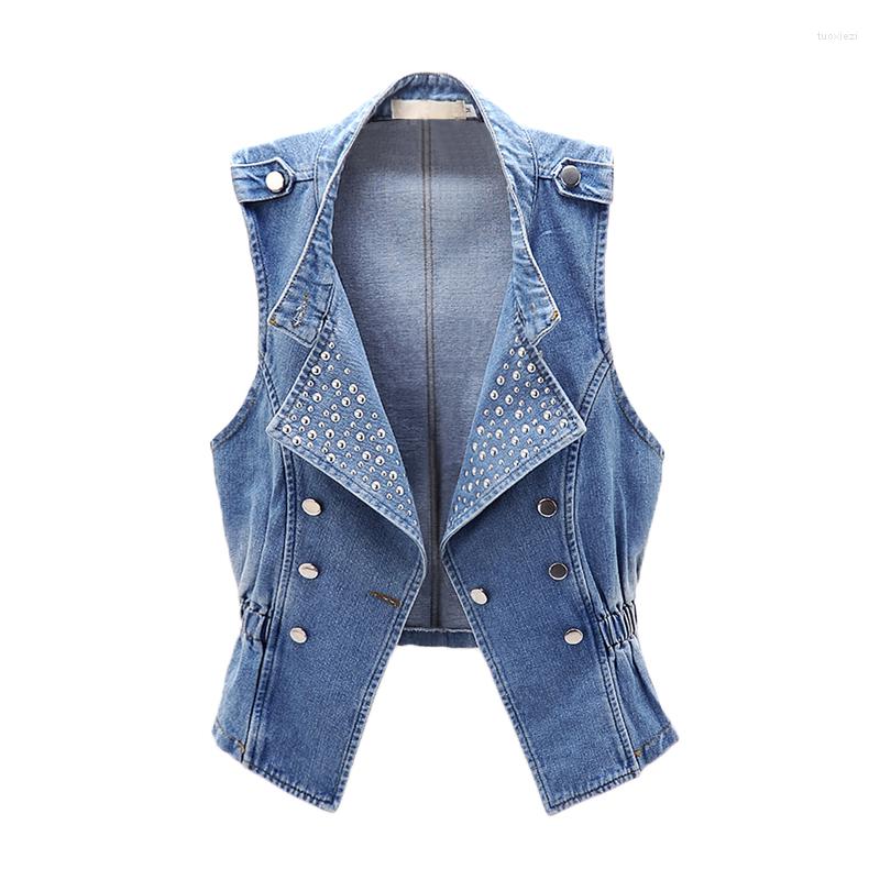 

Women's Vests Sleeveless Vest Women Denim Jacket Slim Riveting Vintage Short 2022 Spring Autumn Female Jeans Jackets Waistcoat, Navy blue
