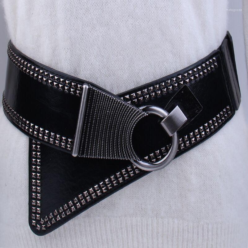 

Belts Fashion Punk Rivet Metal Buckle Belt Women Wide Stretch Leather Corset Waistband Exquisite Luxury Ladies Dress Clothes Accessory, Black