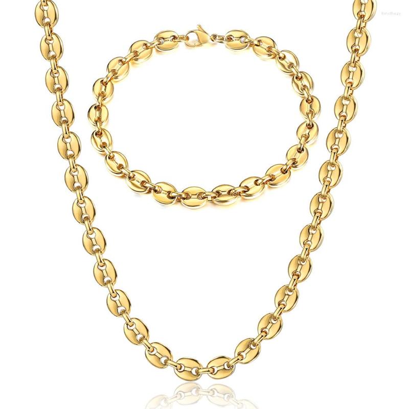

Necklace Earrings Set 7/9/11mm Jewelry Coffee Beans Bracelet Gold Color Stainless Steel Marina Link Chain For Men Women Gift DKSM05, Picture shown