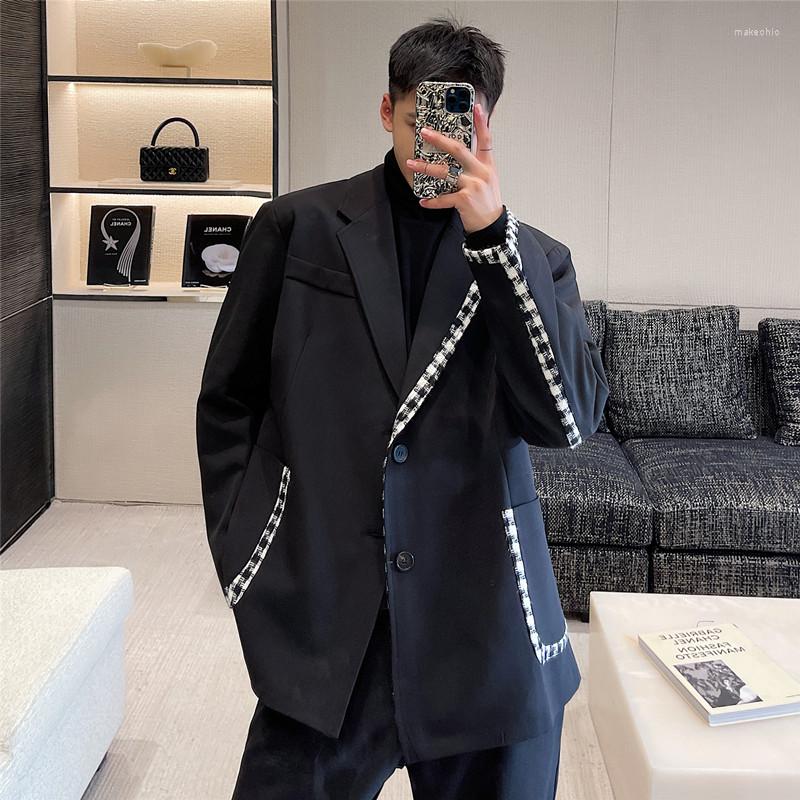 

Men's Suits Man Japan Korean Streetwear Chic Fashion Suit Jacket Blazer For Men Plaid Splice Black Loose Casual Blazers Coat, 6191