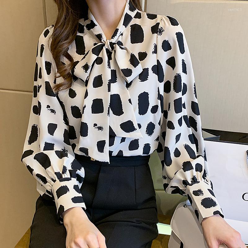 

Women' Blouses Professional Femme Chiffon Shirt 2022 Autumn Korean Bow Tie Printing Long-sleeved Pullover Casual Blouse Top Women, Black