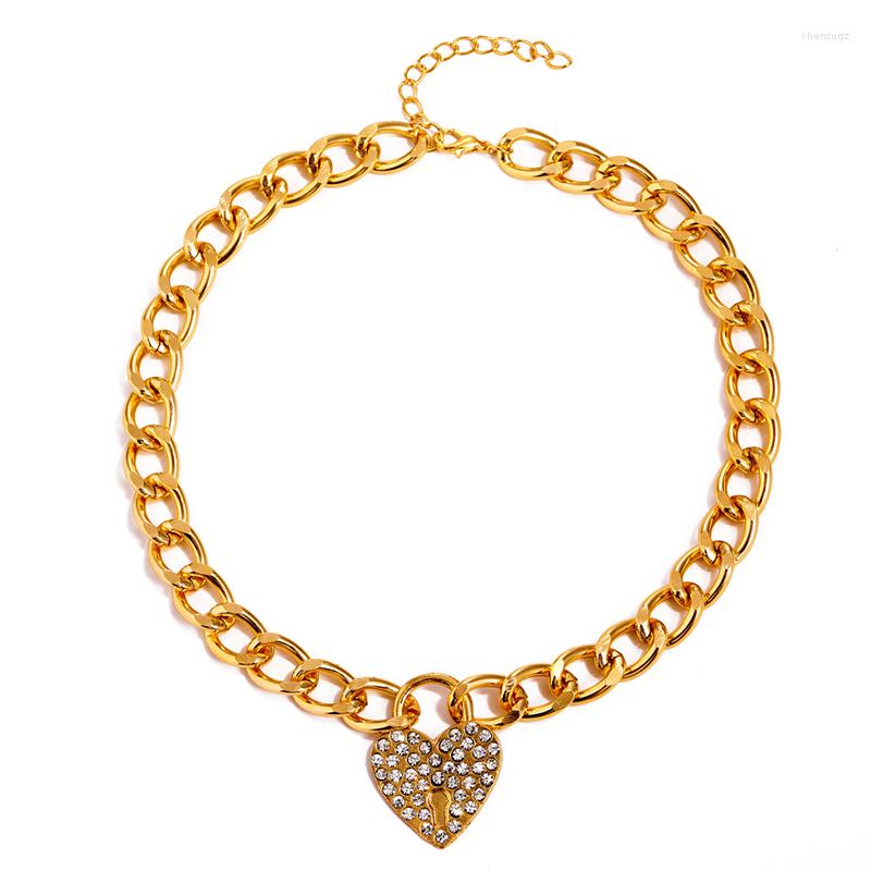 

Choker Rhinestone Love Heart Pendant Neckalce For Women Gold Color Thick Link Chain Necklace Hip Hop Punk Statement Jewelry