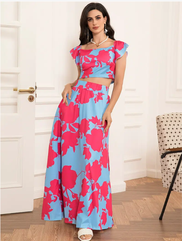 

Floral Floating Sleeve Short Top And Skirts /Two Piece Dress Sweet Square Neck Contrast Print, Pink