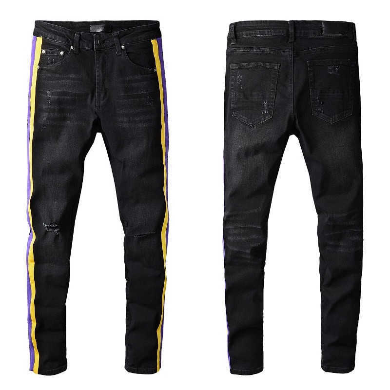 

Guys Black Jeans with Yellow Brim Knee Holes Ripped for Man Pants Straight Leg Mens Skinny Distressed Torn Rugged Zipper Mid Denim Long, 682