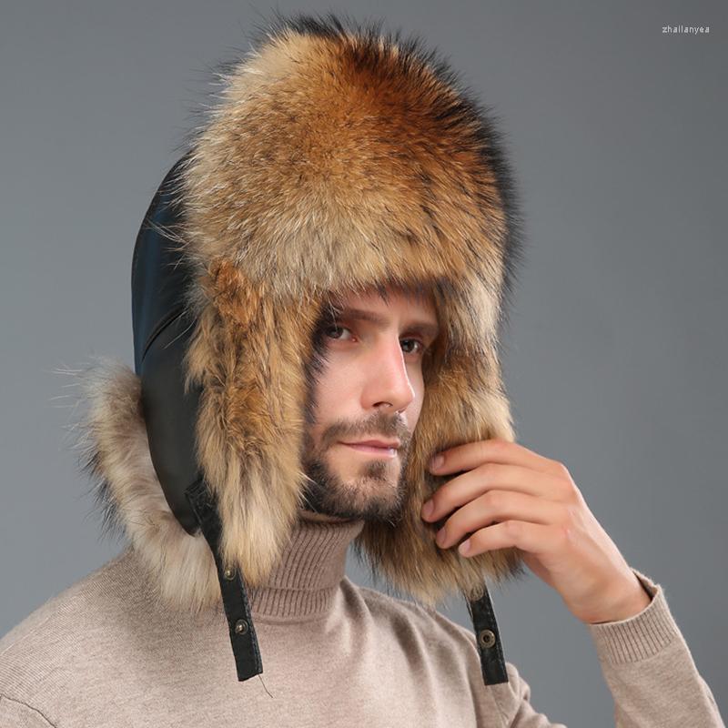 

Berets Men Real Raccoon Hats Winter Warm Caps Leather Russian Hat For Women Natural Silver Fur 2022, Black
