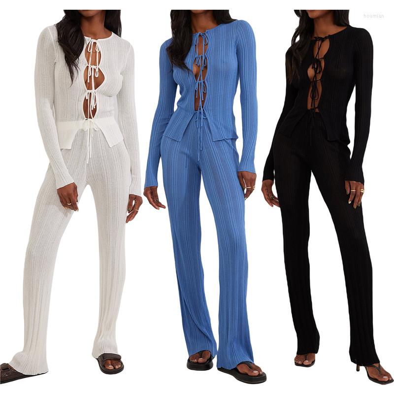 

Women' Two Piece Pants 2 Pieces Female Suit Set Solid Color Long Sleeve Tie-Up Hollow Out Knitwear White/Blue/Black /M/L