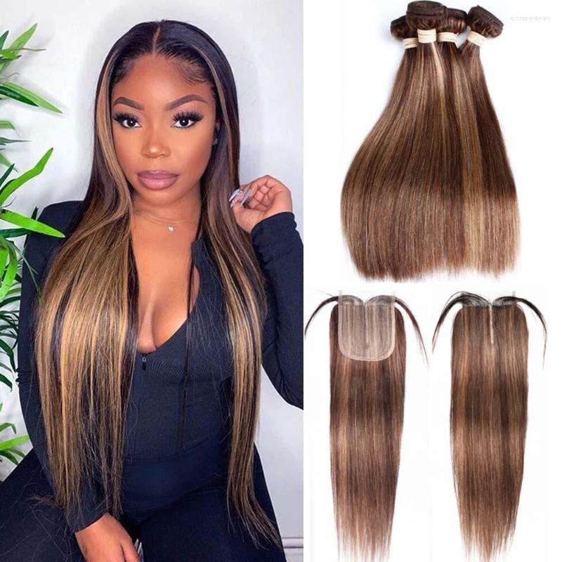 

Human Hair Bulks Highlight Ombre Bundles With Closure Straight Brazilian Weave P4/27