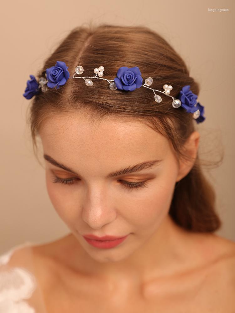 

Headpieces Romantic Blue Rose Headband For Bride Beads Handmade Elegant Women Headdress Hair Wedding Bridal Accessories Hairband