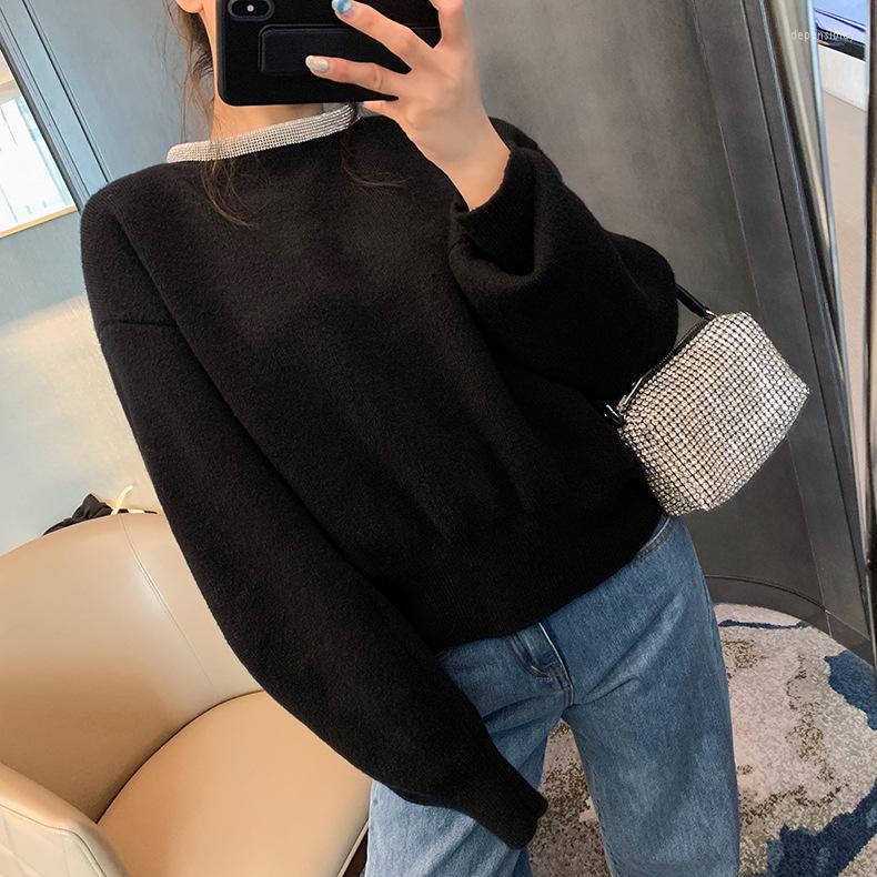 

Women' Sweaters Women Knit Rhinestone Collar Loose Long Sleeve Jumper 2022 Autumn Winter All-Match Laides Solid Color Knitwear Pullover, Black pullover