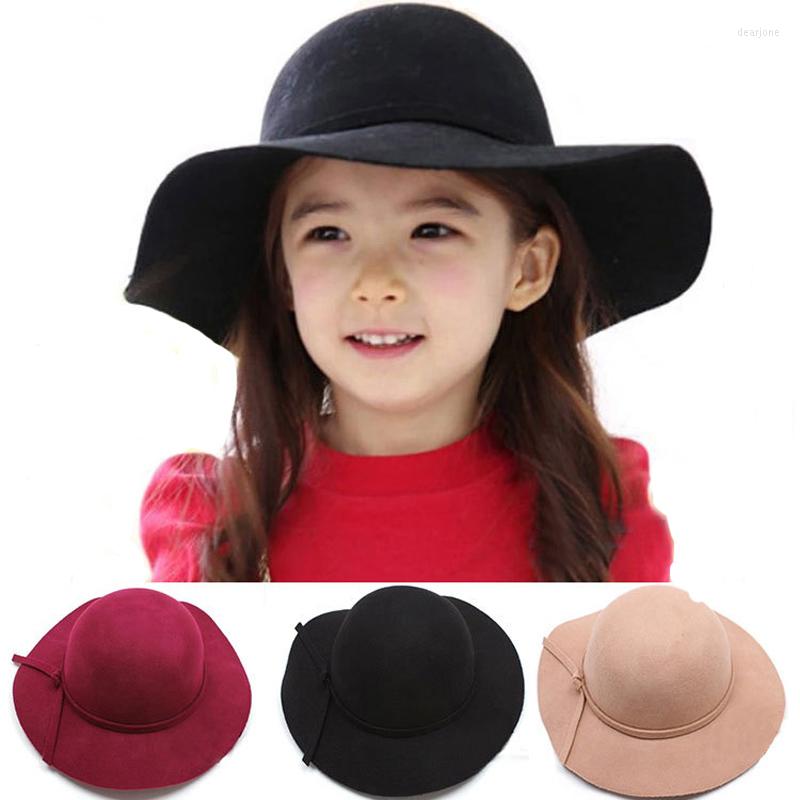 

Hats European US Wide Brim Woolen Felt Fedoras Hat For Children And Women Lady Girls Formal Party Trilby Cap Solid GH-423, Black