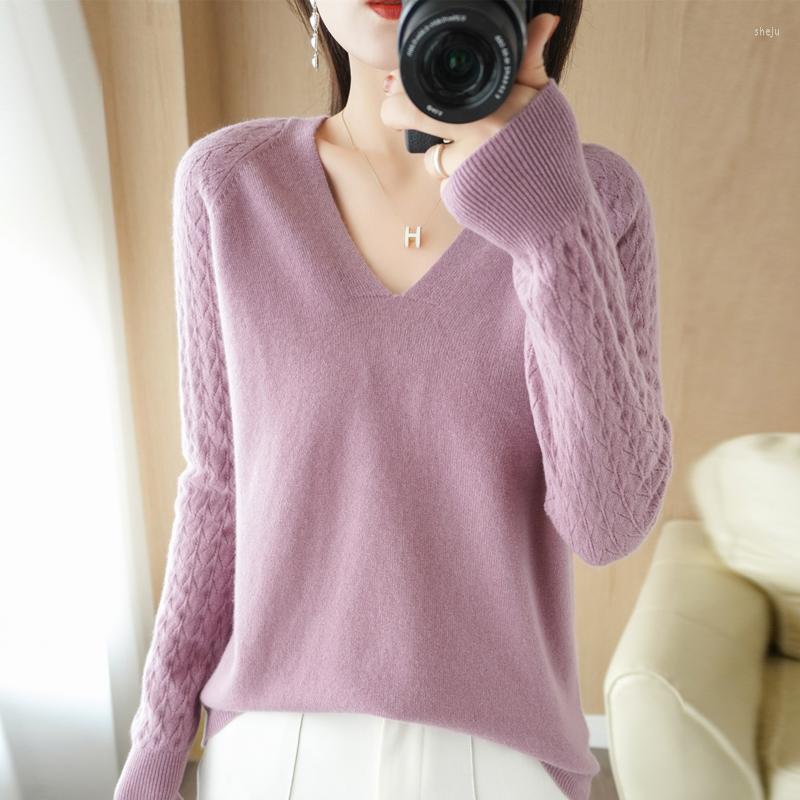 

Women' Sweaters V -neck Ladies Sweater Long Sleeve Knitting Pure Color Fashion Slim Short 2022 Pullover Wholesale, Golden camel