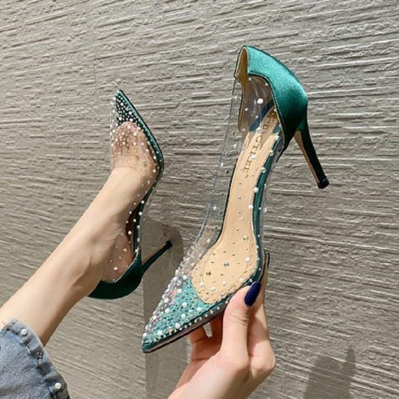 

Dress Shoes Spring Transparent Rhinestone Stiletto High-heeled Pearl Bridal Wedding Pointed Banquet Satin Stitching Women's Shoe, Heel height 8.5 cm