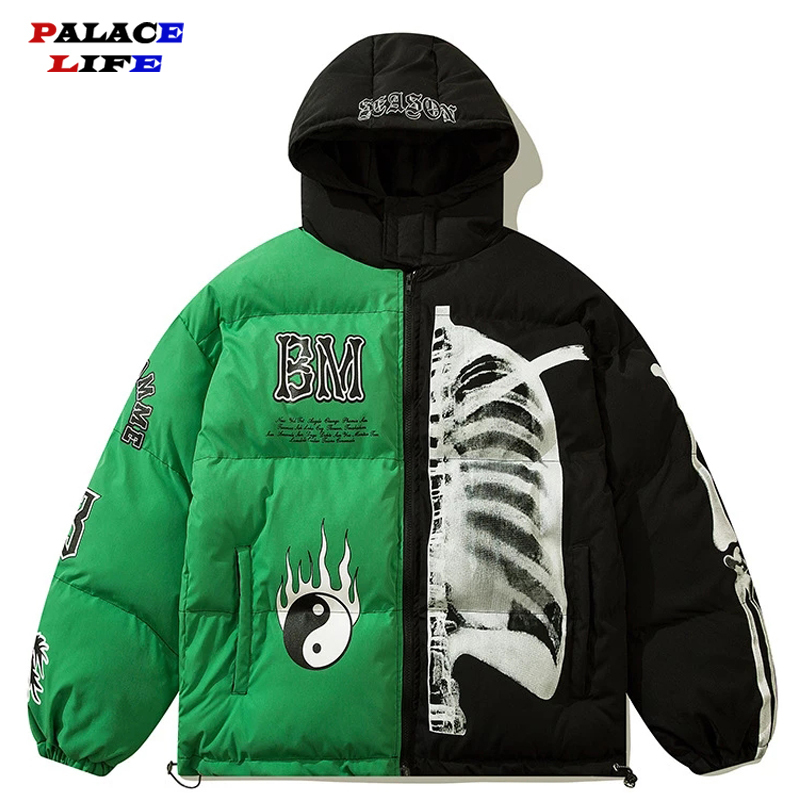

Men's Down Parkas Mens Winter Parka Jacket Yin Yang Skeleton Print Streetwear Outwear Harajuku Padded Hooded Loose Warm Coat Unisex 221010, Red