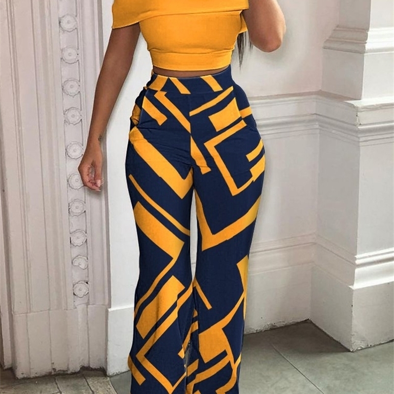 

Women's Two Piece Pants Matching Set Women Slash Neck Pullover Top High Elastic Waist Wide Leg Pants Ladies Outfit Summer Printing Slim Streetwear Suit 221010, 03 print
