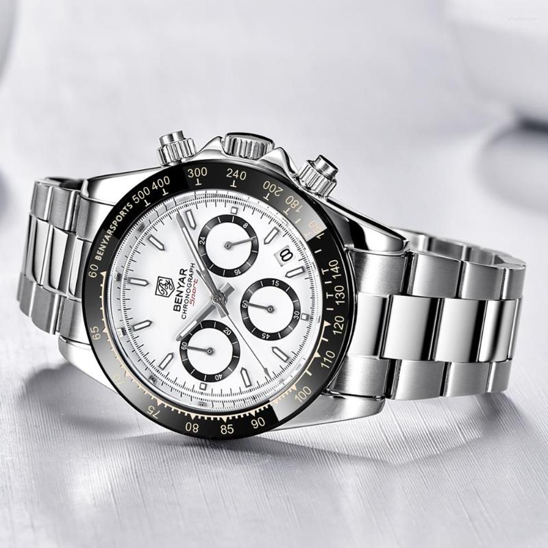 

Wristwatches 2022 BENYAR Watches Men Chronograph Male Sport Waterproof Clock Stainless Steel Quartz Watch Relojes Hombre, White