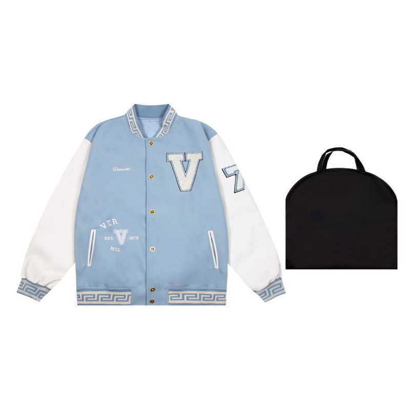 

Ver designer baseball jacket autumn winter classic splice men's long sleeve women's button stand collar sportswearw, Sky blue