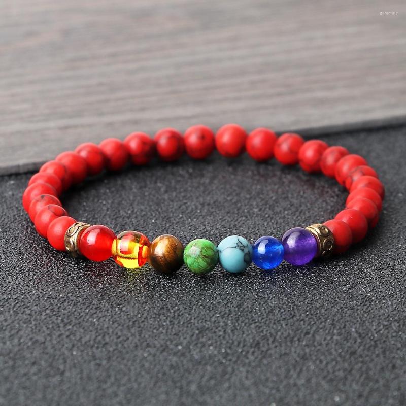 

Strand 6MM 7 Chakra Natural Stone Bracelet Couples Lava Turquoises Tiger Eye Beads Alloy Spacer Bracelets Women Health Banlance Jewelry