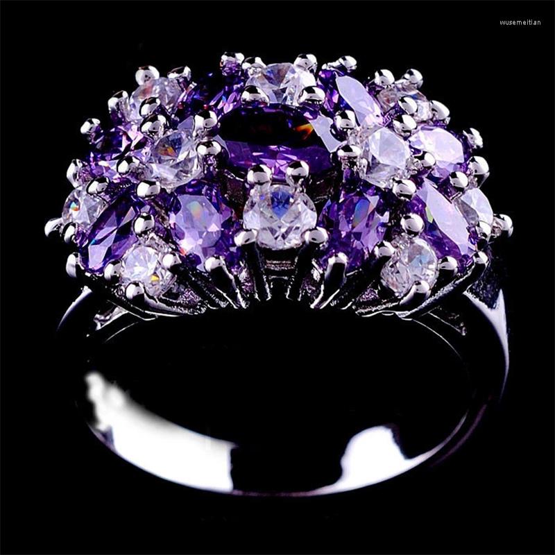 

Wedding Rings Purple Zircon Charm Flower Ring Pink Crystal Blue Stone Engagement Trendy Silver Color Promise For Women Gift