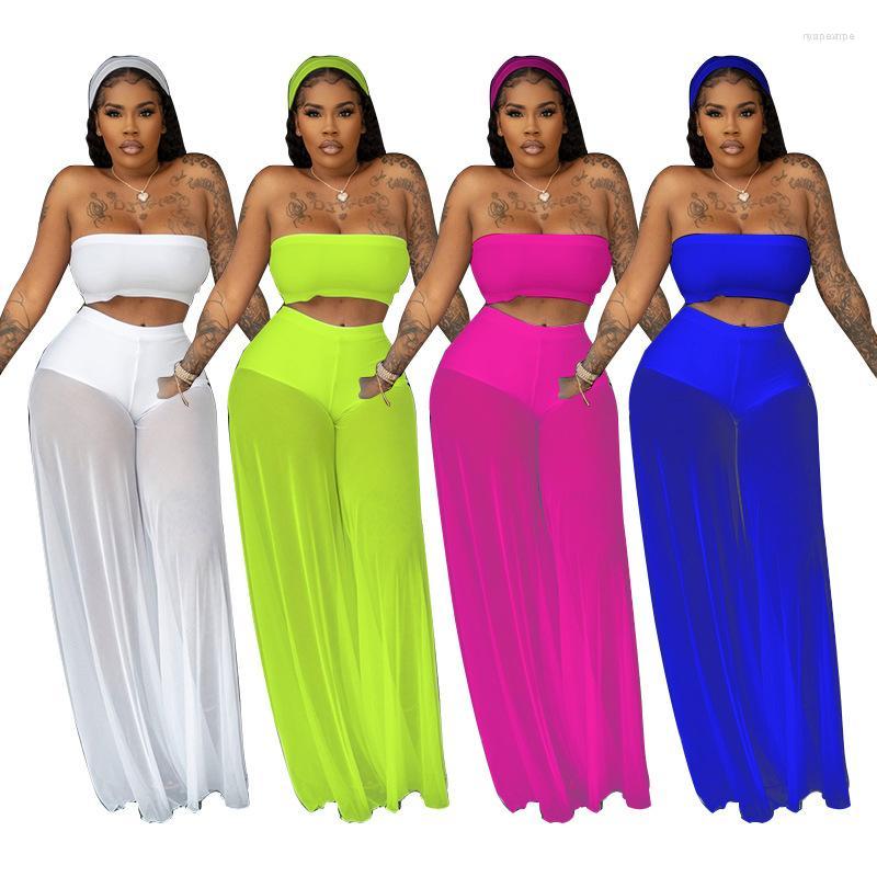 

Women' Two Piece Pants Women' Women 2 Set 2022 Summer Sexy Off Shoulder Crop Top High Waist Wide Leg Mesh See Through Beachwear, Blue