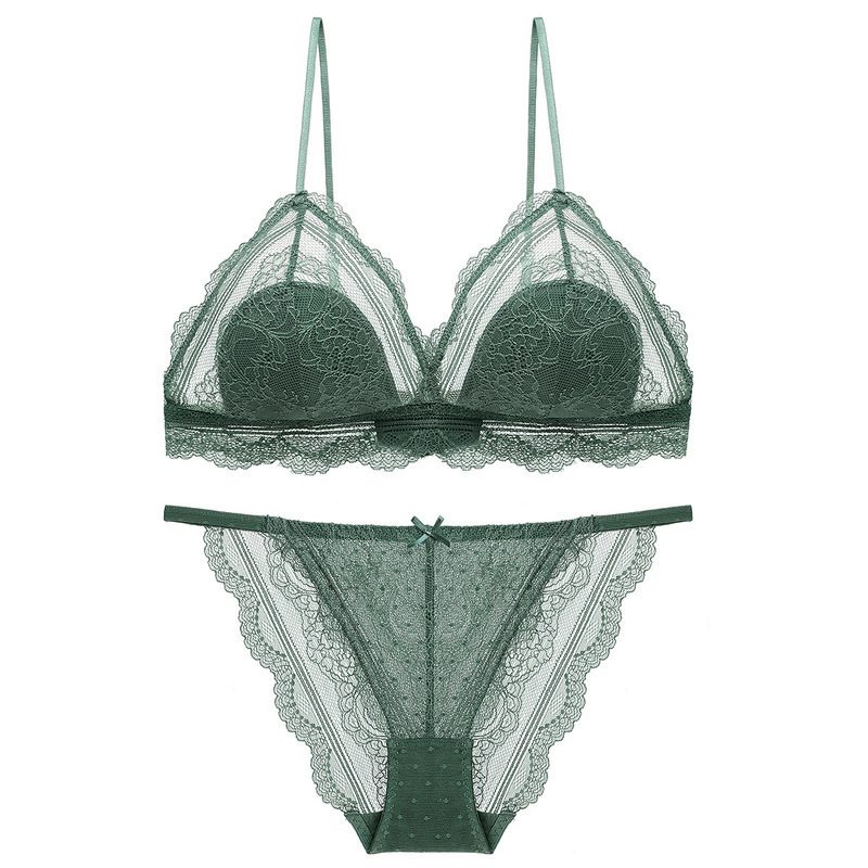 

Bras Sets Wireless lace thin girl bra set French sexy triangle cup s for women lingerie transparent 221010, Green