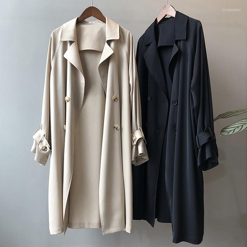 

Women's Trench Coats 2022 Spring Autumn Double-Breasted Long Windbreaker Women Loose Sleeve Temperament Solid Thin Coat Female H1385, Black