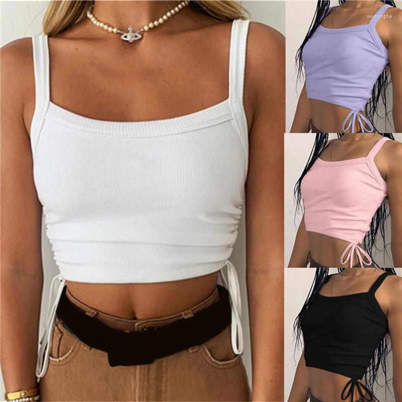 

Women' Tanks Simple Summer Female Tankk Tops 2022 Side Drawstring Women' Vest Solid Color Bandage Fashion Crop, Pink