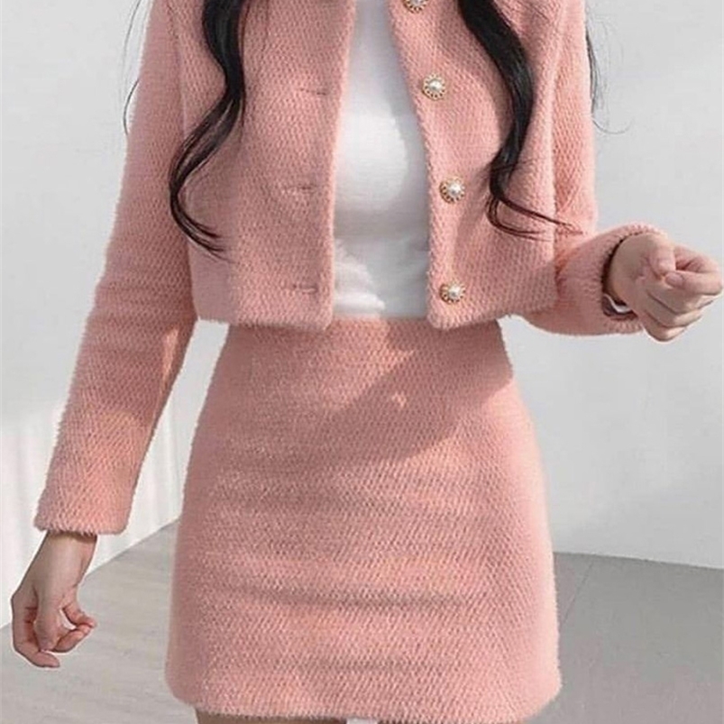 

Two Piece Dress Autumn Winter Korean Fashion Sweet Women's Suits with Mini Skirt Two pieces Set Woman Casual Elegant Tweed 221010, White