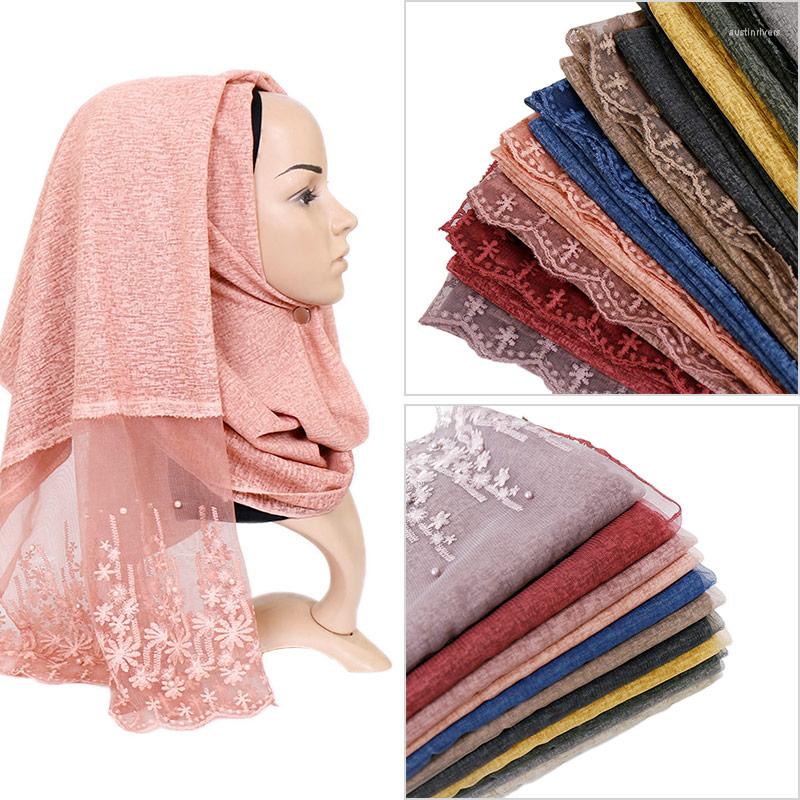 

Scarves Women Cotton Hijab Scarf Embroidered Floral Beads Lace Shawls Pearls Large Headscarf High Quality Turban Long Pashmina